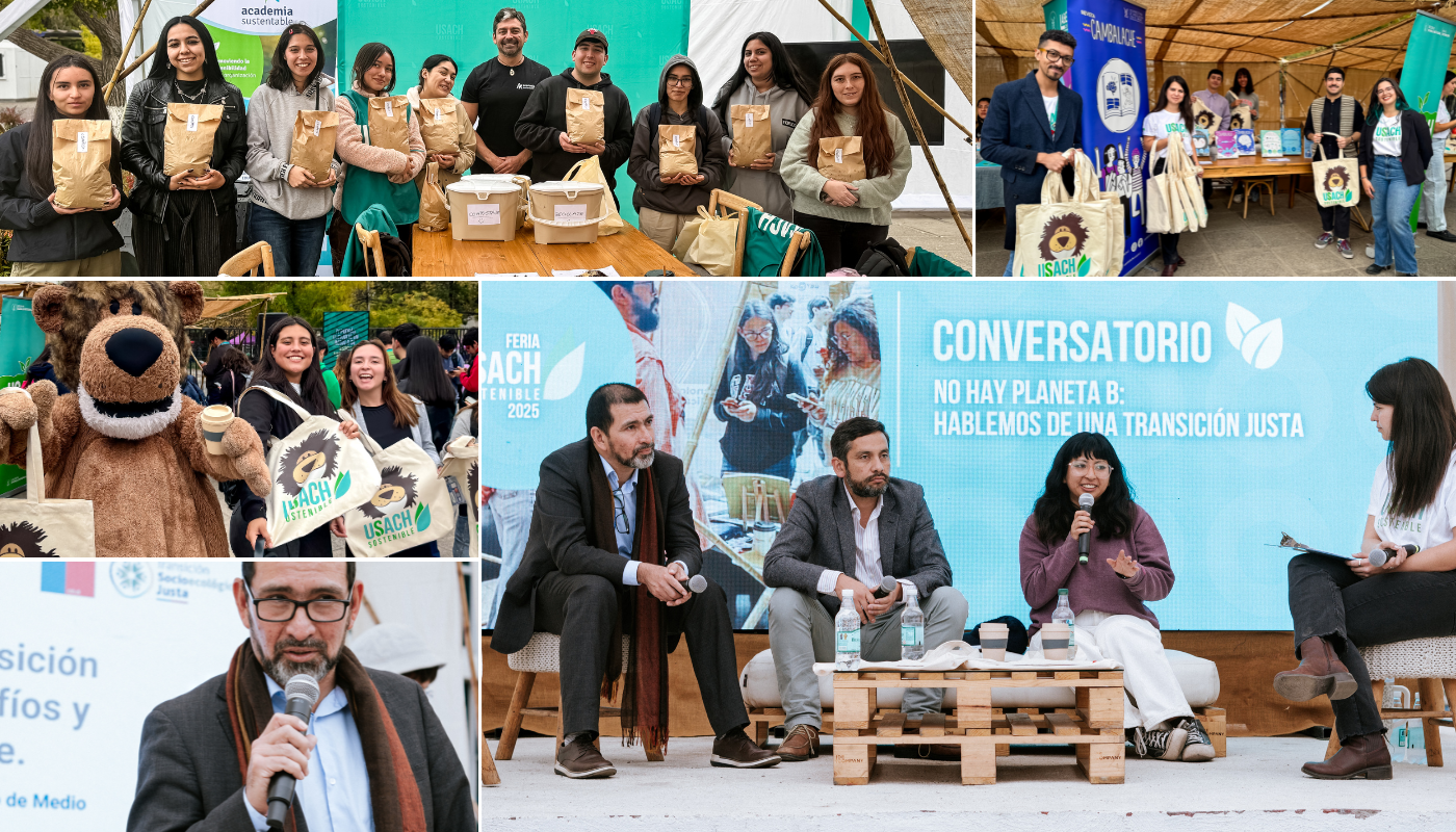 Collage de algunos de los momentos que marcaron el desarrollo de la Feria Usach Sostenible 2025, realizada el pasado 23 de abril en la explanada de Casa Central. 
