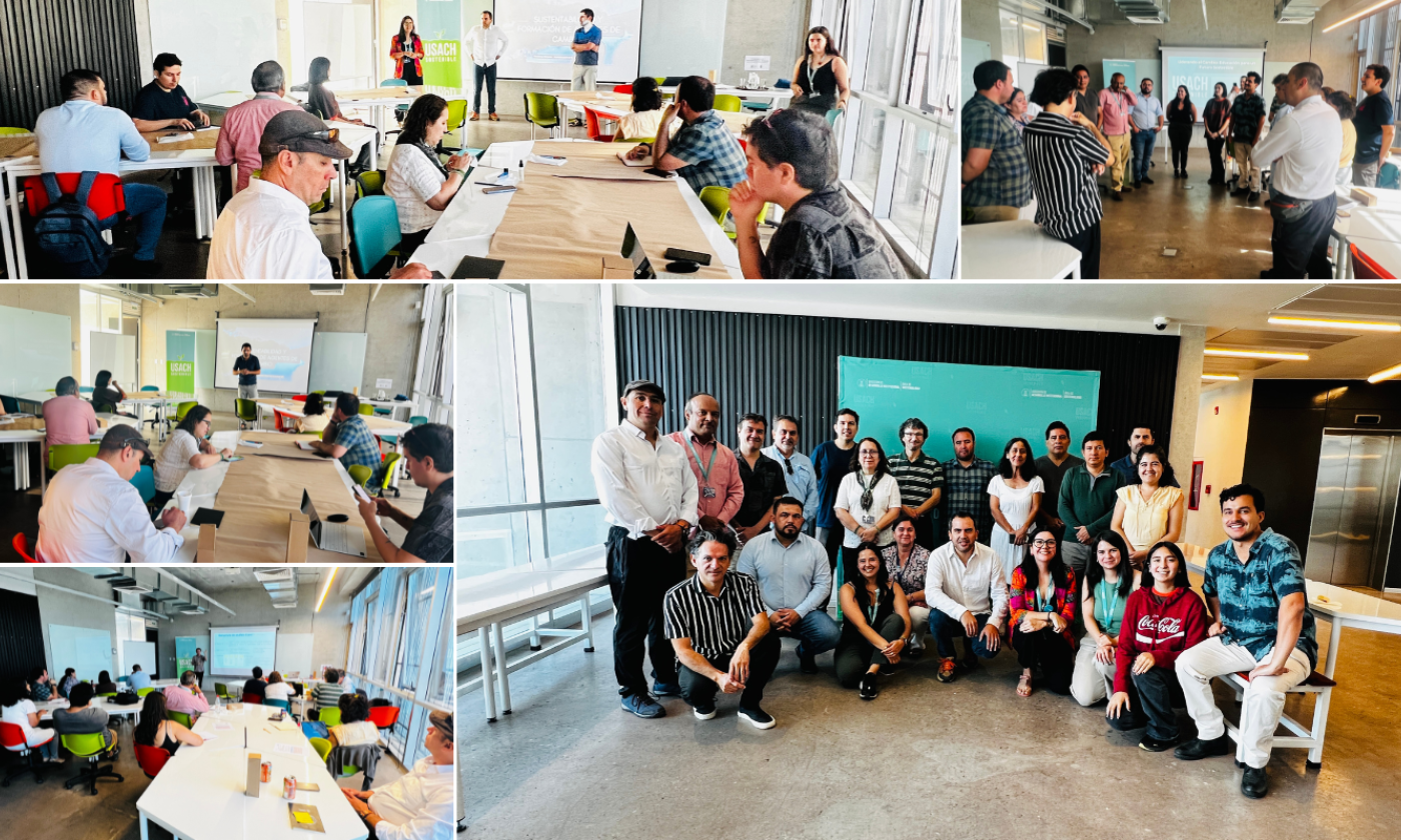 compilado de diversas fotografías revelando lo que fue lel taller docente Liderando el cambio, liderado por el Área de Sostenibilidad