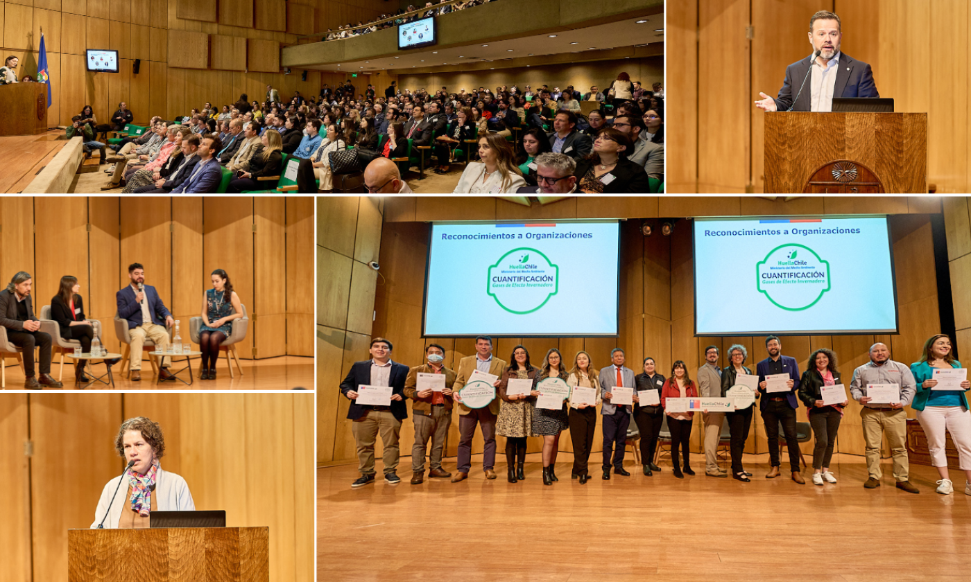 compilado de diversas fotografías revelando lo que fue la ceremonia de reconocimiento del Programa HuellaChile a las Instituciones que realizaron proceso de cuantificación de sus emisiones de CO2. La Usach recibe este reconocimiento por cuantificar sus emisiones de GEI para el año 2022