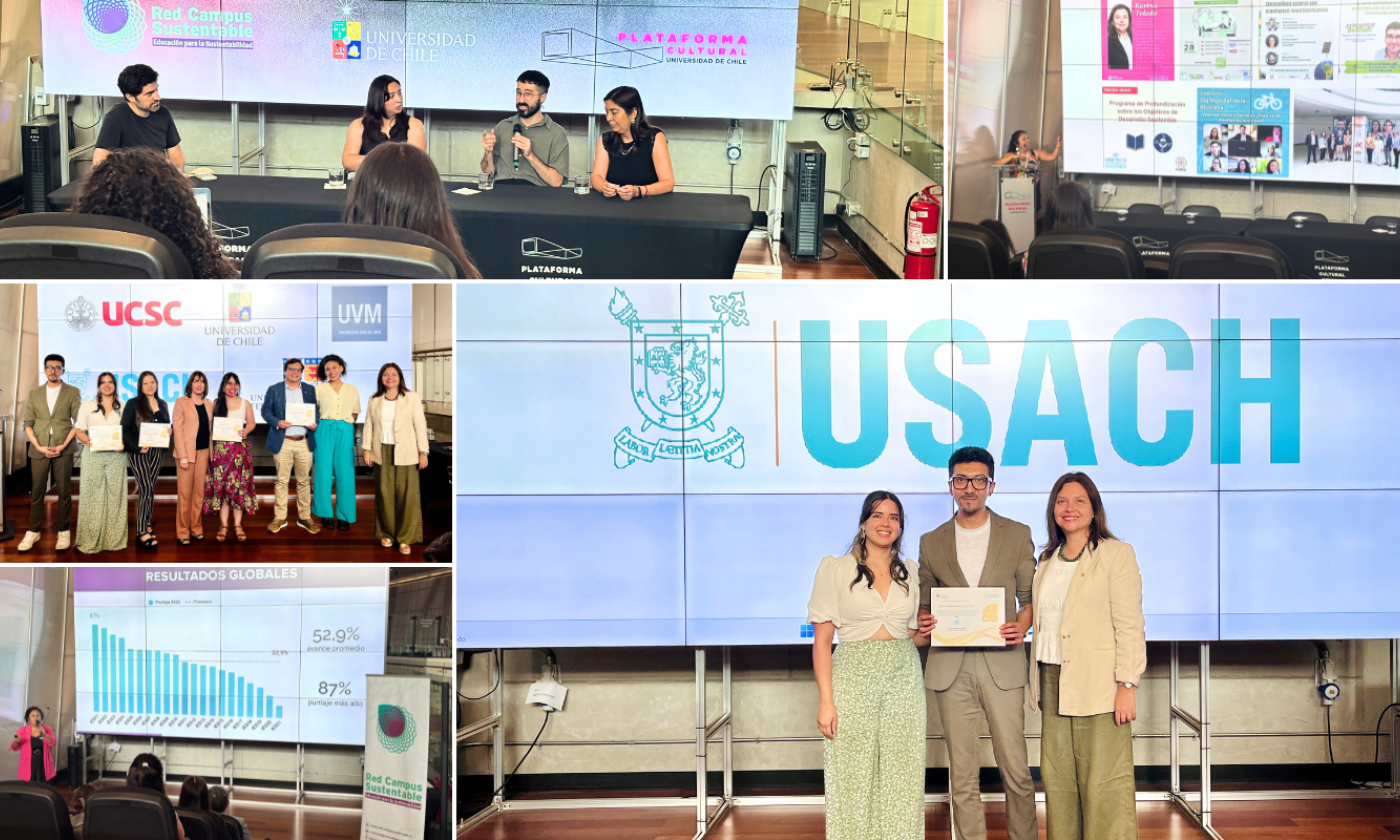 Fotografías resumiendo lo que fue el primer encuentro para el año 2026 de la Red Campus Sustentable. Se distingue la obtención del reconocimiento por la obtención del Nivel Transformación en el proceso RESIES 2025 para la USACH.