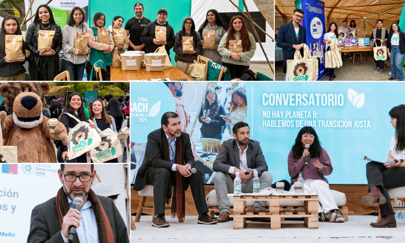 Collage de algunos de los momentos que marcaron el desarrollo de la Feria Usach Sostenible 2025, realizada el pasado 23 de abril en la explanada de Casa Central. 