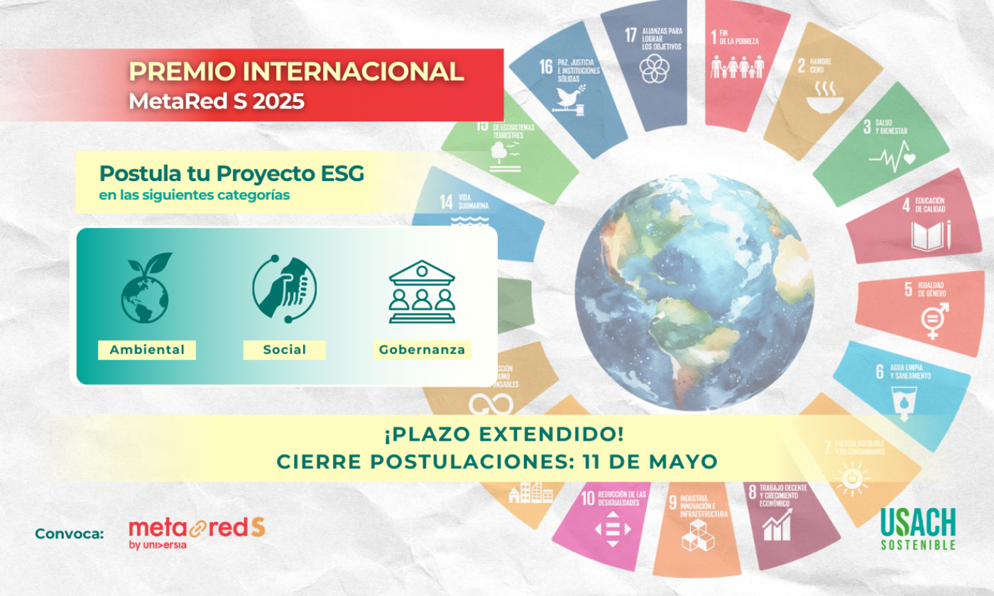 Afiche convocatoria premio internacional Metared-S, by Universia. Se presentan las fechas clave de postulación y las áreas en las que las personas interesadas, pueden postular. 