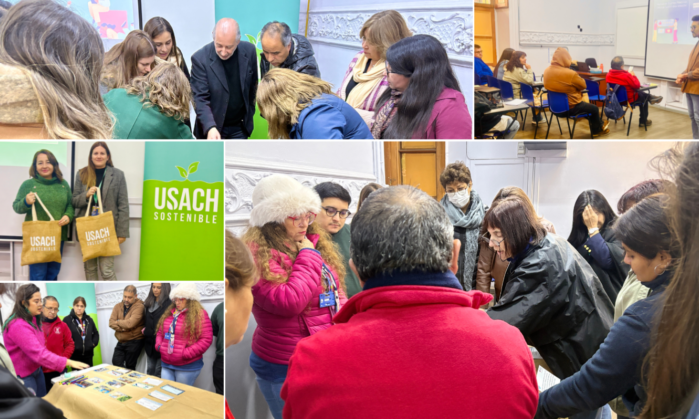 Collage de fotos registrando parte de las jornadas de capacitación a funcionarios y funcionarias de las Facultades de Administración y Economía y de la Facultad de Química y Biología