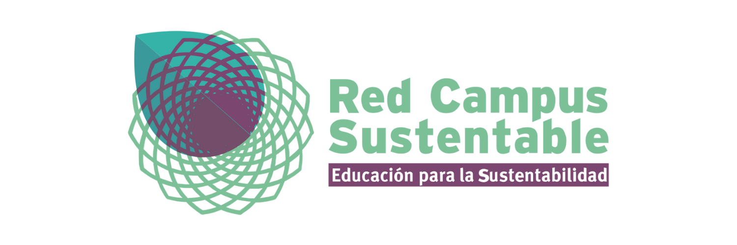 Logo Red Campus Sustentable. Refleja una hoja con líneas que simulan una conexión de manera circular. Tonos verde, morado y blanco.