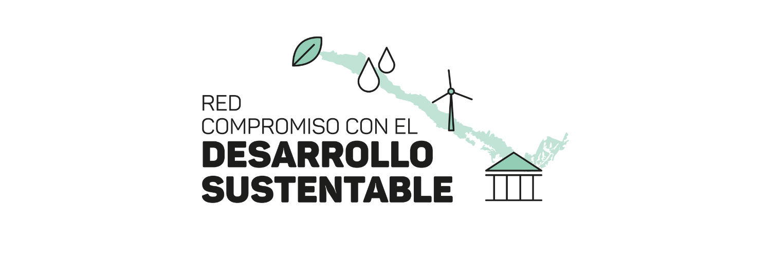 Logo Red Compromiso con el Desarrollo Sustentable. Corresponde a la silueta de Chile en color verde, con íconos de una hoja, gotas de agua, una turbina eólica y un edificio de cuatro pilares.